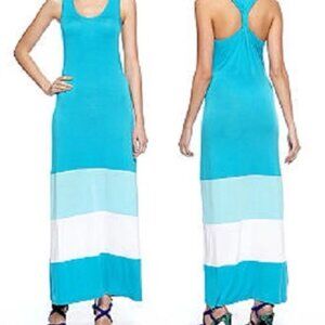 Calvin Klein Pool Blue Racerback Jersey  Striped Maxi Dress Stretch Comfort 10
